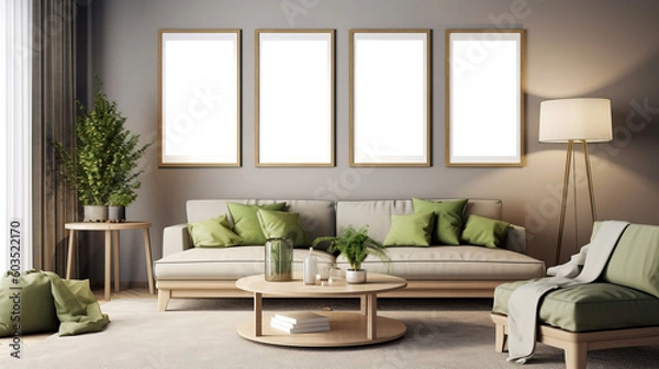 Fototapeta Picture frame mockup, empty wooden picture frame, elegant, bright light, sunny day.