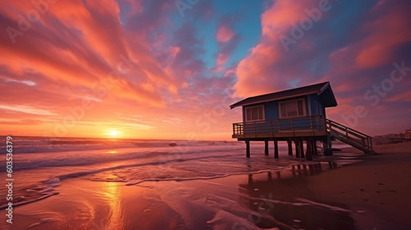 Fototapeta A Captivating Beach Sunset Immortalized through DSLR Lens and Warm-Toned Film, Generative AI