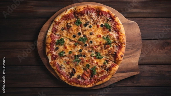 Obraz top view of pizza on wood background