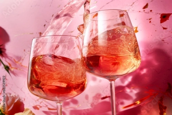 Fototapeta Two glasses of rose wine on pink background, close-up. Created with Generative AI tools