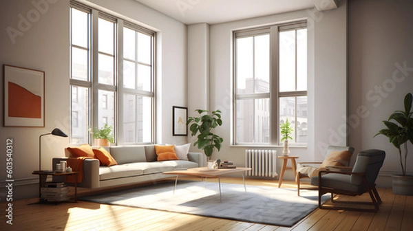 Fototapeta Interior poster mock up living room with colorful white sofa. 3D rendering.