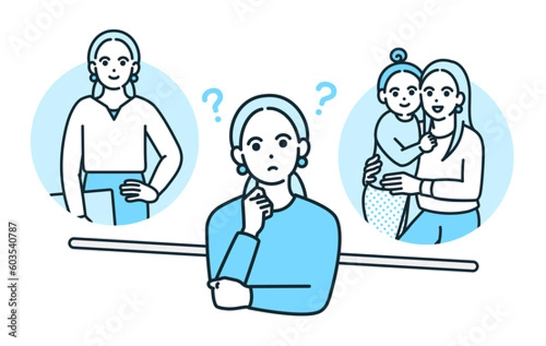 Fototapeta キャリア優先で働くか子育て優先で仕事量を抑えるか悩む女性。