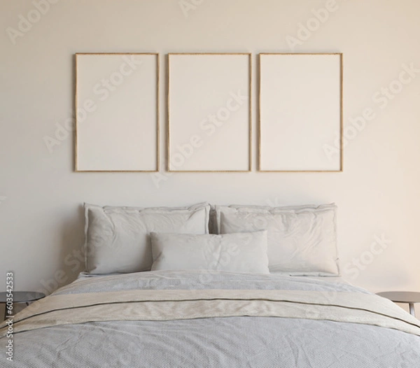 Fototapeta Set of 3 wooden thin frame mockups, 3 frames on the wall in the bedroom, empty poster mockup design.