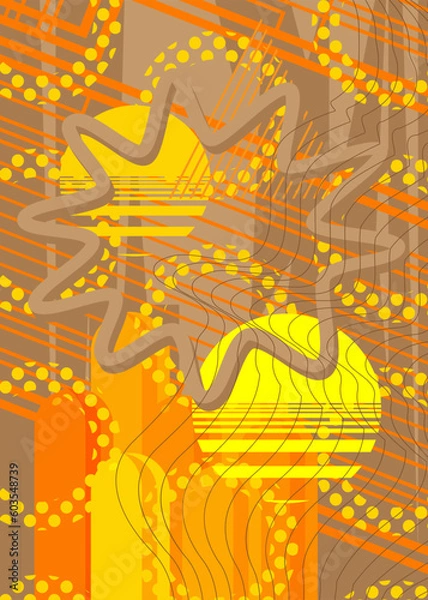 Fototapeta Abstract brown and yellow, golden old geometrical shapes background. Simple retro gold geometric cartoon art illustration. Vibrant graphic busy bronze psychodelic volumetric vector banner, poster.