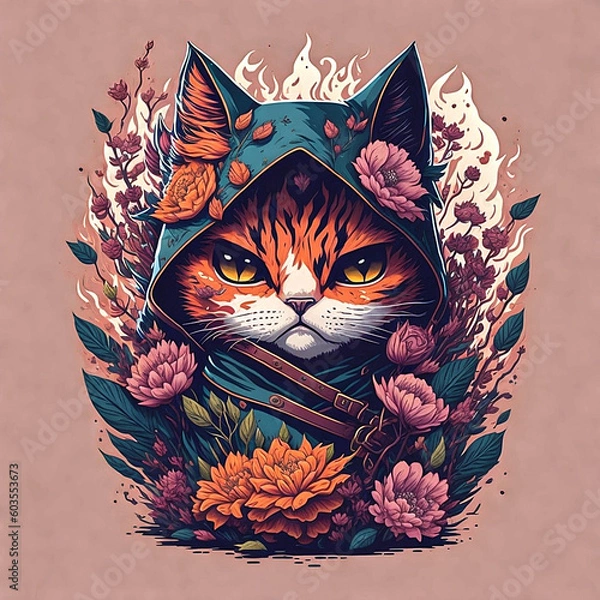 Fototapeta warrior cat, vector design, vibrant colors, AI generated