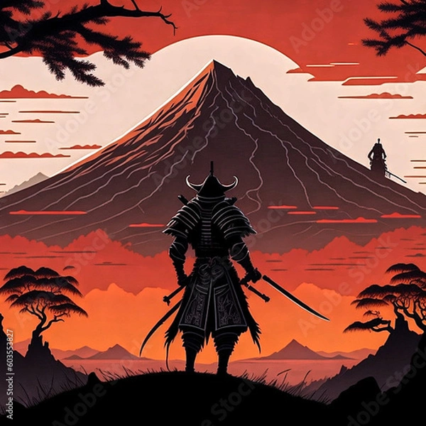 Fototapeta Samurai warrior, vector design, minimalist colors, AI generated