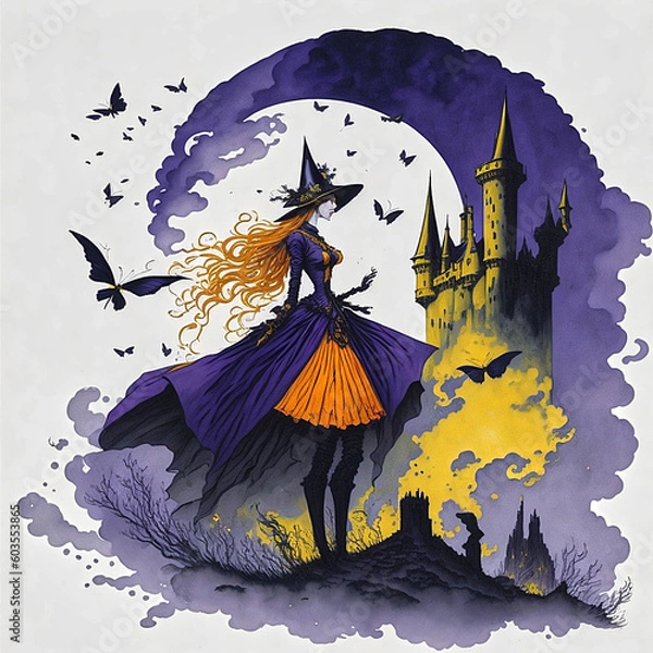 Fototapeta Witch, vector design, minimalist colors, AI generated