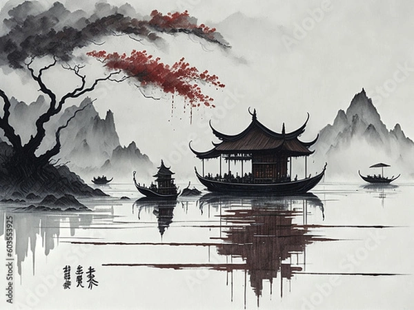Fototapeta Japanese-style illustration with minimalist colors, AI generated