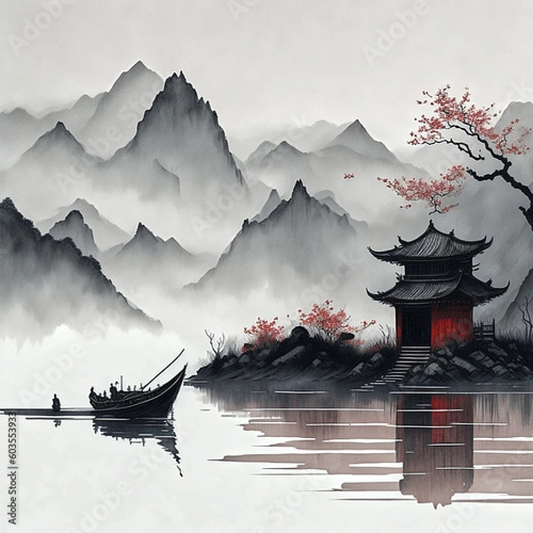 Fototapeta Japanese-style illustration with minimalist colors, AI generated