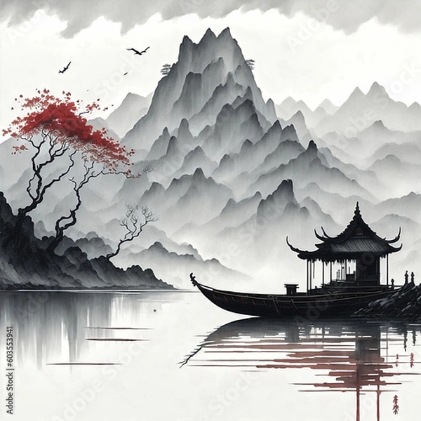 Fototapeta Japanese-style illustration with minimalist colors, AI generated