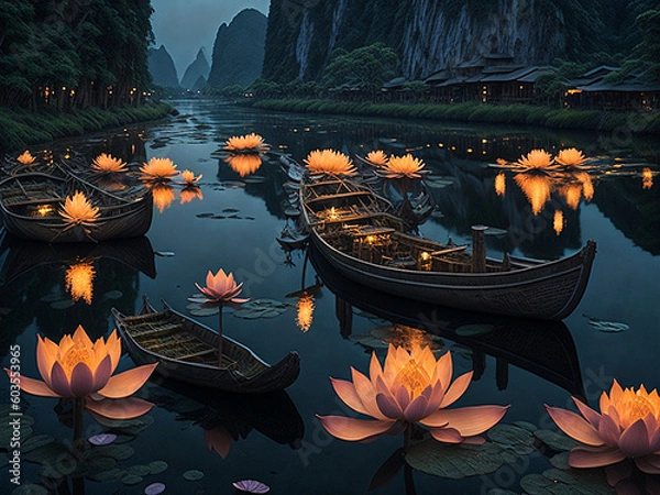 Fototapeta Colorful flowers in a lake at night with illuminated houses, generated by AI