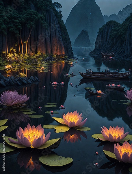 Fototapeta Colorful flowers in a lake at night with illuminated houses, generated by AI