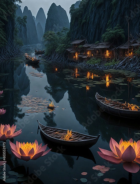 Fototapeta Colorful flowers in a lake at night with illuminated houses, generated by AI