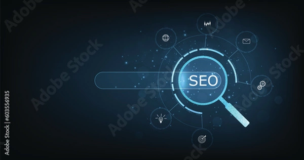 Obraz (SEO) Search Engine Optimization. Internet technology for business company. Search engine optimization (SEO) concept on dark blue background. 
