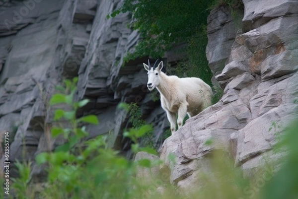 Fototapeta majestic mountain goat perched atop a rugged cliff Generative AI