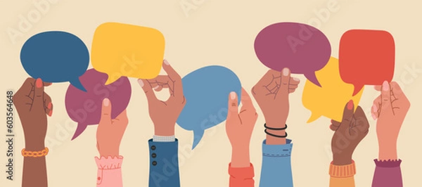 Obraz Diverse hands holding speech bubbles, people exchange ideas. Team cooperation and communication concept. Hand drawn vector illustration isolated on light background, flat cartoon style.