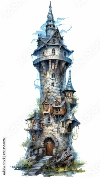Fototapeta A medieval fantasy tower in an illustrated hand-drawn style, children's story book image, fairy tales, isolated on white, generative ai
