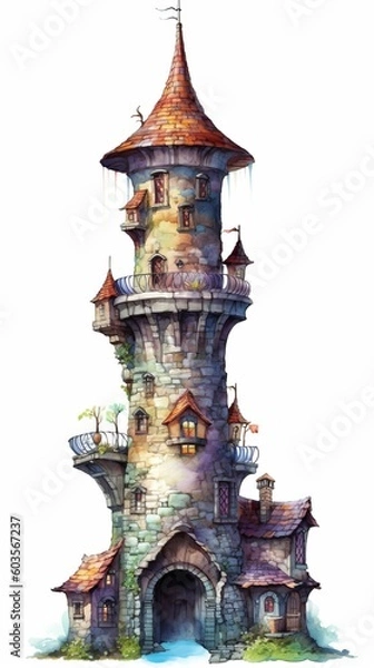 Fototapeta A medieval fantasy tower in an illustrated hand-drawn style, children's story book image, fairy tales, isolated on white, generative ai
