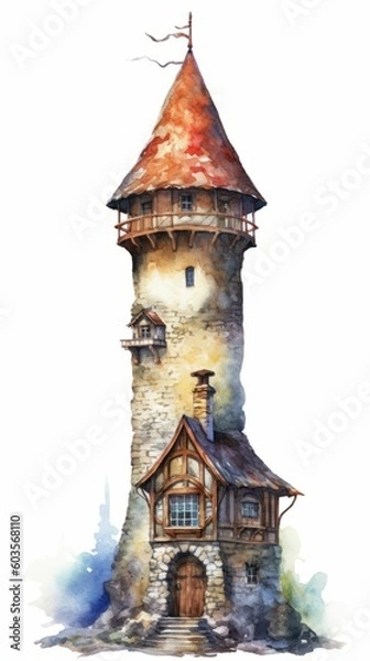 Fototapeta Średniowieczna wieża fantasy w ilustrowanym ręcznie rysowanym stylu, wizerunek książki dla dzieci, bajki, izolowane na białym, generatywnym AI