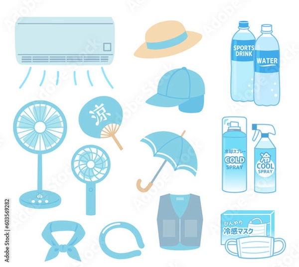 Fototapeta 熱中症・暑さ対策グッズ・家電いろいろセット(白フチあり)
