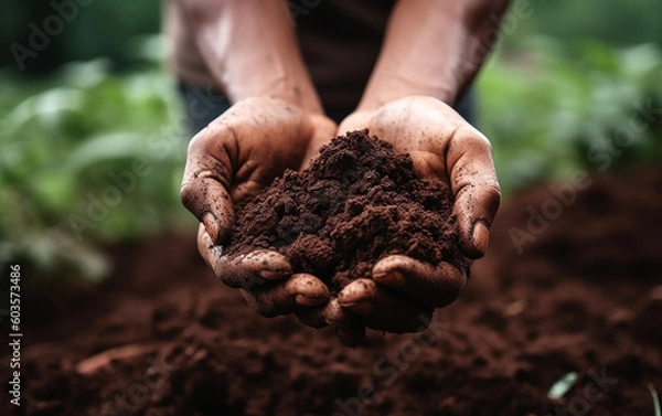 Obraz Farmer holding soil in hands close-up. Male hands touching soil on the field. Agriculture, gardening or ecology concept. Generative AI