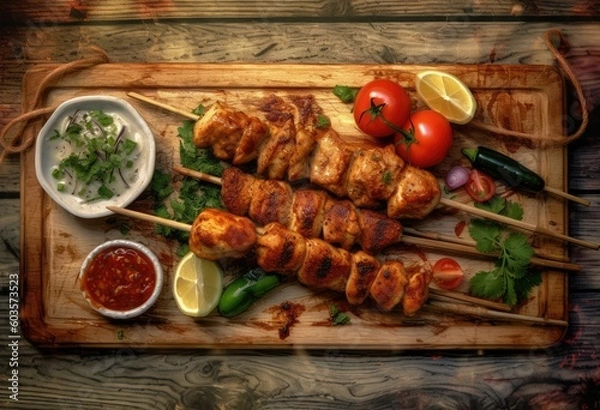 Fototapeta Chicken skewers with vegetables and sauce appetizer. Generative AI
