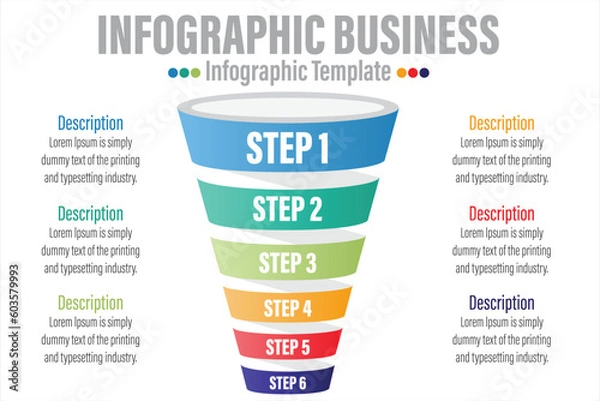 Fototapeta Infographic funnel block chart concept for slide presentation with six 6 Steps, six 6 option, Six 6 point list and funnels shape pyramid cone direction