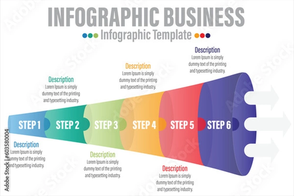 Fototapeta Infographic funnel block chart concept for slide presentation with six 6 Steps, six 6 option, Six 6 point list and funnels shape pyramid cone direction