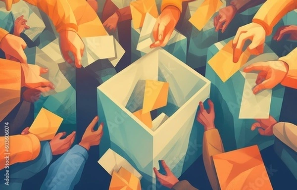 Obraz People voting in presidential, congressional or state election concept illustration. Crowd of people casting their votes, only hands being shown. In tones of contrasting orange and blue, top view. 