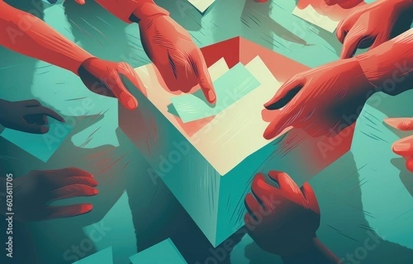 Obraz Democracy concept illustration in red and teal colors. People casting the vote, hands close-up. Generated with the use of an AI.