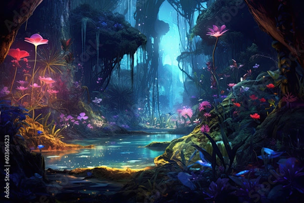 Fototapeta beautiful colorful fantasy jungle wit magical flowers, Generative AI