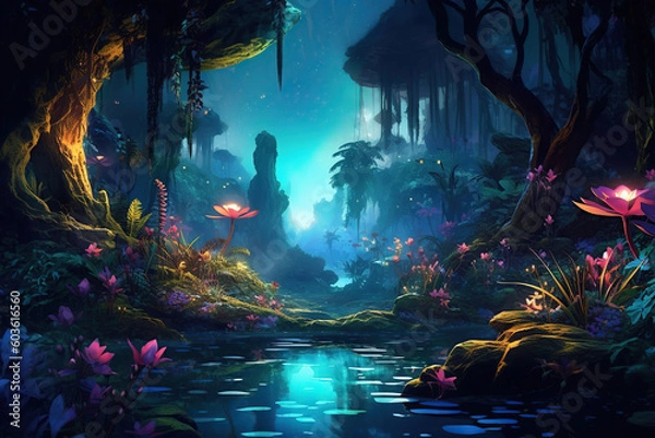 Fototapeta beautiful glowing fantasy jungle with colorful magical flowers, Generative AI