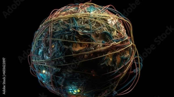Fototapeta Concept of globalization of electronic internet technologies, usb cable with planet earth. AI generated.