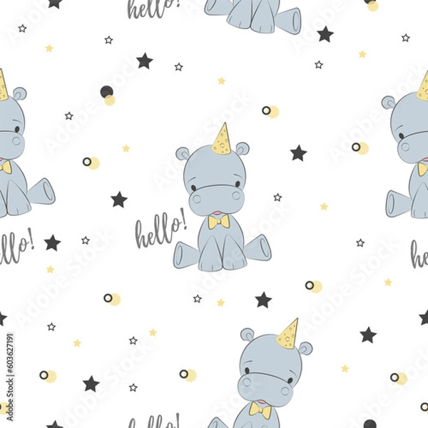 Obraz Cute vector hippo character pattern with lettering hello and adorable stars.