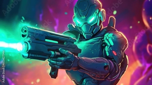 Fototapeta An alien cyborg with a powerful laser gun. Fantasy concept , Illustration painting. Generative AI