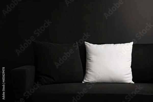 Fototapeta White and black square canvas pillow mockup on cozy couch. Beautiful pillow mockup with modern interior background. 