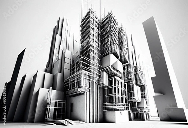 Fototapeta abstract 3d illustration of modern architecture in black and white colors generative ai