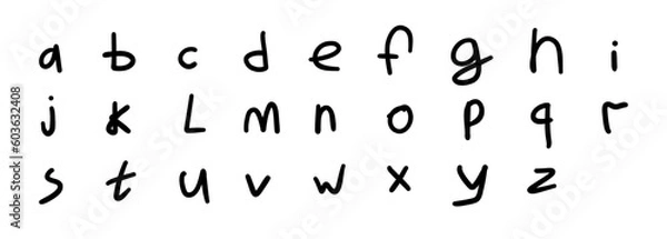 Fototapeta Simple black english latin abc alphabet font A to Z. Vector illustration in handmade doodle, handwritten doodle style isolated on white background. For typography, logo, card, decorating, kids book.