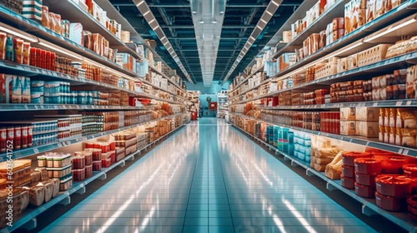 Fototapeta Supermarket heaven, Discover the diverse assortment of products in the long and bright aisle, Generative AI