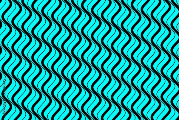 Fototapeta Black sea wave lines fabric pattern on aqua blue background vector. Abstract liquid wavy stripes pattern. Vertical optical illusion curve strips. Wall and floor ceramic tiles pattern.
