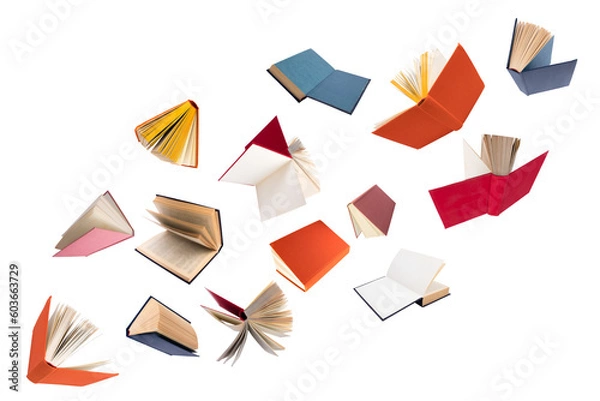 Obraz Colorful hardcover books flying on white background.