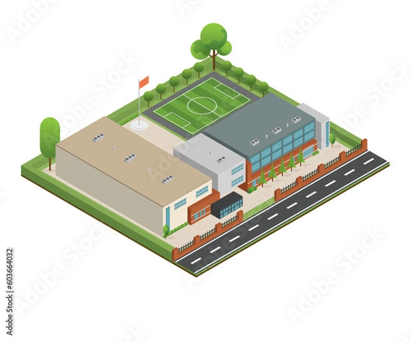Fototapeta 3D modern school or university. Isometric modern office building and architecture.