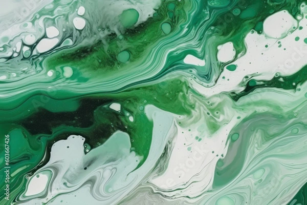 Fototapeta Abstract background in fluid art style. Green and white acrylic paint. AI generative.