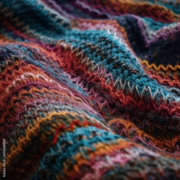 Fototapeta handmade, knitted blanket with intricate patterns and multicolored threads