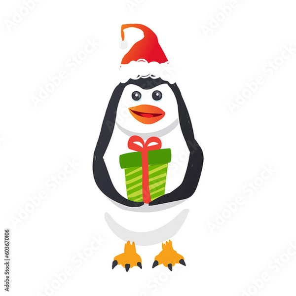 Obraz Cute Vector Penguin Wearing Santa Hat Bringing A Present