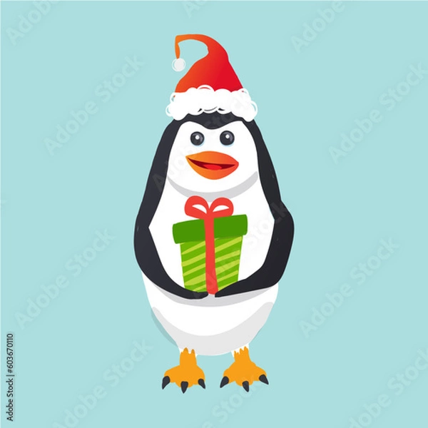 Obraz Cute Vector Penguin Wearing Santa Hat Bringing A Present