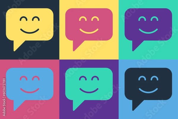 Obraz Pop art Smile face icon isolated on color background. Smiling emoticon. Happy smiley chat symbol. Vector