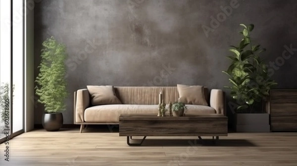 Fototapeta design scene with a brown sofa in minimalist living room created with generative ai