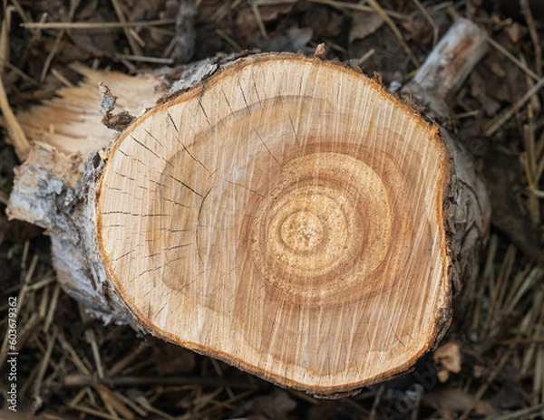 Fototapeta Brown background texture of sawn tree trunk. tree rings. stump surface close up
