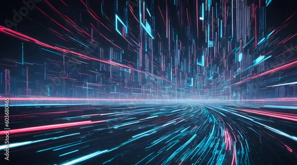 Fototapeta abstract digital background for tech Envision a world driven by binary code featuring a female programmer immersed in coding and algorithm development, surrounded by futuristic holographic projections